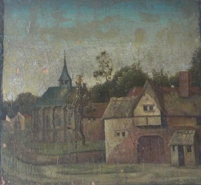 Ecole du Nord XVIII-ème Siècle «Vue de village». Huile sur panneau parqueté. 19,8...