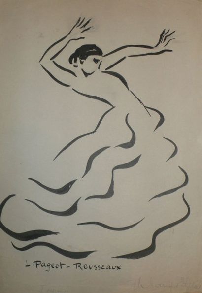 LUCIENNE PAGEOT ROUSSEAUX 1899-1995 La danseuse bras en l' air, encre sur papier,...