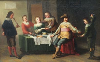 Attribué à CHRISTOPHEL VAN DER LAMEN 1615-1651 Le banquet. Huile sur toile marouflée...