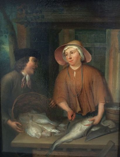 Ecole Hollandaise Attribué à VILLEM FRANZ VAN MIERIS 1662-1747 La marchande aux poissons...