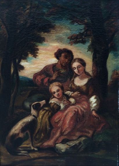 E TRANNOY Famille au sous-bois. Huile sur toile. Signée en bas à droite. XVIII siècle....