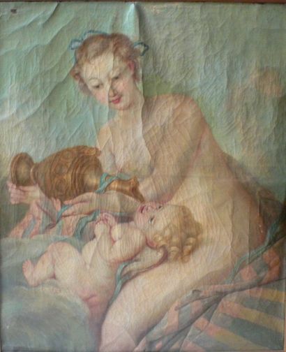 Ecole française du XVIII-ème Siècle «Femme à l'aiguière et son enfant». Huile sur...