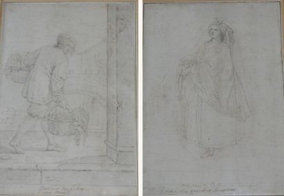 Ecole italienne du XVIII-ème siècle Deux dessins «Personnages». 24 x 18 cm