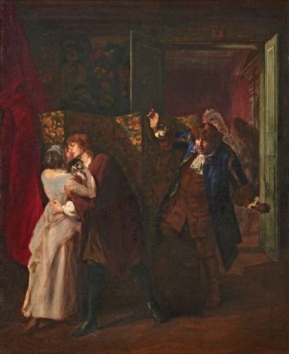 GASTON MELINGUE 1840-1914 La surprise de l'amant. Huile sur toile. Signée en bas...