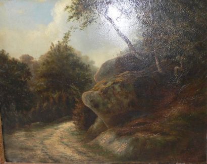 Julien DUPRÉ (1851-1910) «Chemin à travers la forêt de Fontainebleau». Huile sur...