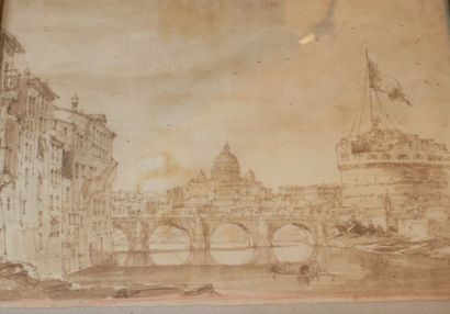 Ecole française, dans le gout du XVIII-ème Siècle « Vue de Rome avec le Château Saint-Ange...
