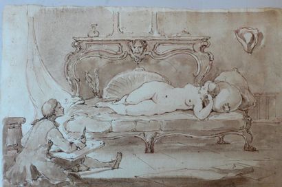 Ecole française, dans le gout du XVIII-ème Siècle « Artiste et son modèle étendu...