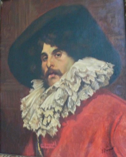 J. Fouquet (Ecole XIX-ème) « Portrait d'homme à la collerette ». Huile sur toile...