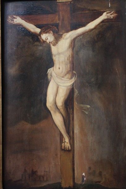 Ecole flamande première moitié du XVII-ème « Le Christ en Croix ». Huile sur panneau...