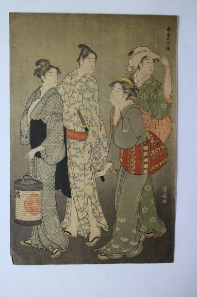 Lot de cinq estampes, Torii Kiyonaga dit Kiyonaga (1752-1815) oban tate-e, Une fête...