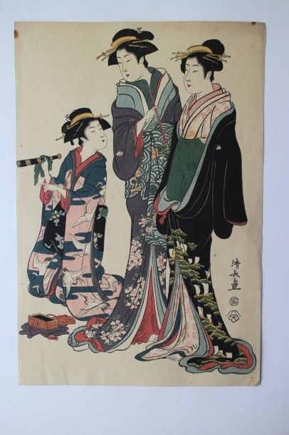 Lot de six estampes, Torii Kiyonaga dit Kiyonaga (1752-1815)  oban tate-e, représentant...