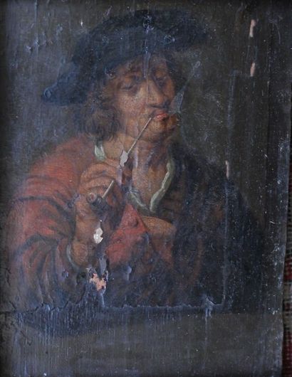 Ecole hollandaise XIX-ème : « Portrait d’homme à la pipe ». Huile sur panneau (manques...