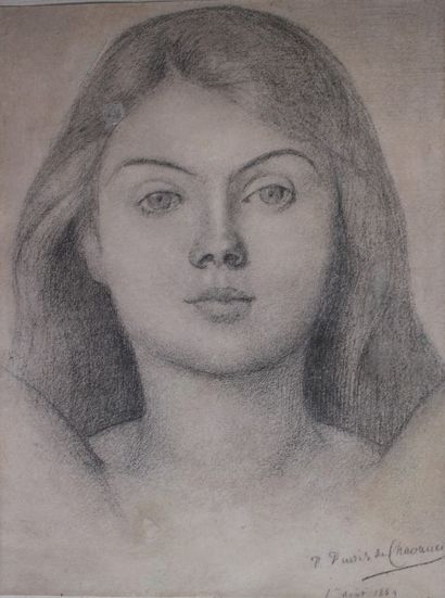 PUVIS de CHAVANNES Pierre (1824-1898) « Portrait de jeune femme ». Dessin au fusain...