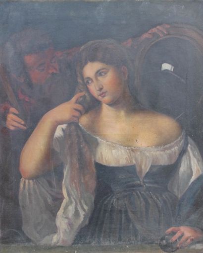 Ecole du XIX-ème Siècle « Homme parlant à une femme ». Huile sur toile. 61 x 50 ...