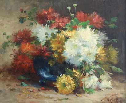 Ecole du XIX-ème « Bouquet de dahlias dans un vase ». Huile sur toile signée en bas...