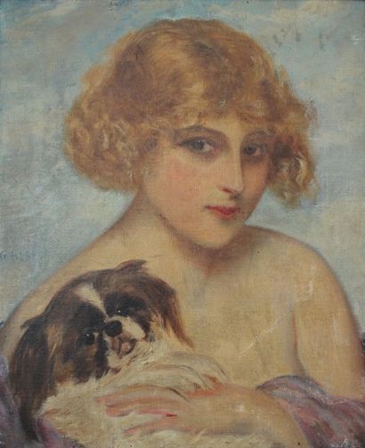 HERVE Gabriel (1868- ?)  « Jeune femme et son chien ». Huile sur toile signée. 46,5...