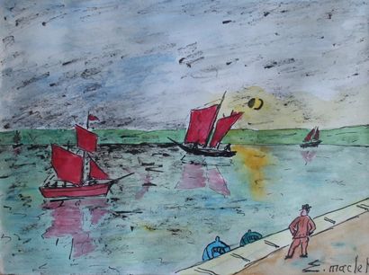 MACLET Elisée (1881-1962)  « Bateaux en bord de rivage ». Gouache sur papier signée...