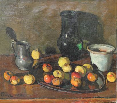 Ecole française des années 1920  « Nature morte aux pommes ». Huile sur toile signée...