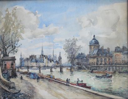 FRANK-WILL (1900-1951) « Vue des bords de quais à Paris ». Dessin at aquarelle sur...