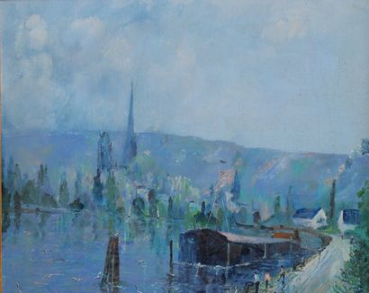 LERNON Roger (né en 1921) «  La Seine à Rouen ». Huile sur toile signée en bas à...