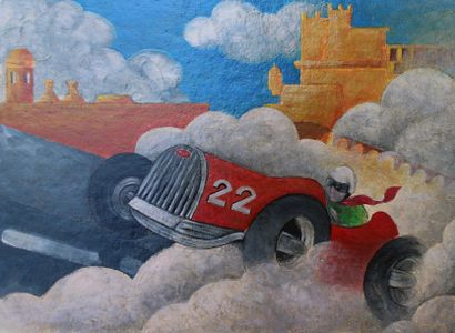 Ecole Moderne « Course de voiture à Monaco ». Huile sur carton. 36,5 x 50 cm