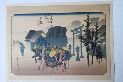 Lot de trois estampes, Hiroshige (1797-1858), oban yoko-e, de la série Tokaido gojusan...