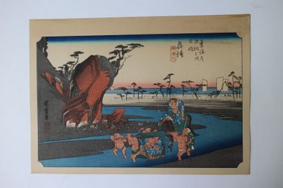 Lot de trois estampes, Hiroshige (1797-1858), oban yoko-e, de la série Tokaido gojusan...