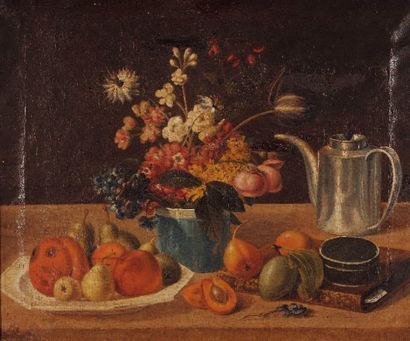 Ecole du XIXème siècle « Nature sur morte aux fleurs et aux fruits », huile sur toile...