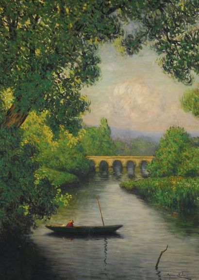 MAURICE CHABAS (1862-1947) "Barque sur la rivière" Huile sur toile signée en bas...