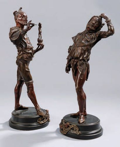 BARYE ALFRED (1839-1882) «Les Fous du Roi» (l'artiste et son modèle). Paire de bronzes...