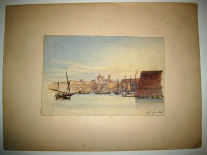 null MALTE - (VUE D'UN PORT à MALTE). Début XX ème. Aquarelle sur papier contrecollé...