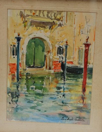 null LECOMTE Paul Emile (1887-1950) : « Embarcadère à Venise ». Aquarelle sur papier...