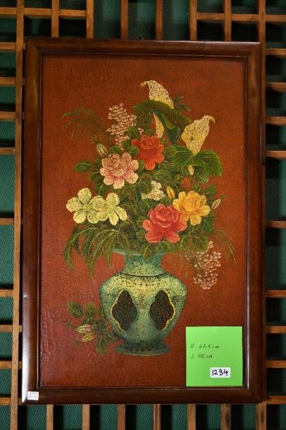 null 1 peinture craquelée sur bois représentant un vase fleuri . Chine 20 éme siècle...