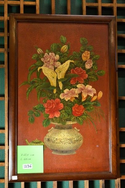 null 1 peinture craquelée sur bois représentant un vase fleuri polychrome et une...