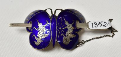 null 1 barrette en métal en forme de papillon émaillé bleu décoré de 2 danseuses....