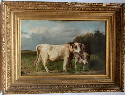 null H. WETZ (Ecole du XIX-ème Siècle) : « Les deux vaches au pré ». Huile sur toile...