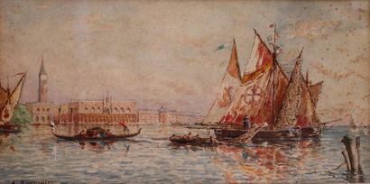 null RAISSIGUIER Paul Emile (1851-1932) : « Bateaux et gondole au large de Venise »....