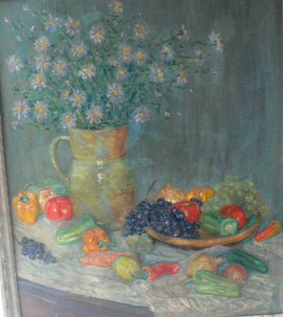 null Mikhail PORTNOFF (1885-1978) : « Nature morte aux fleurs, fruits et légumes »....