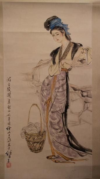 null Chine. Rouleau de peinture sur papier de riz figurant une femme.
