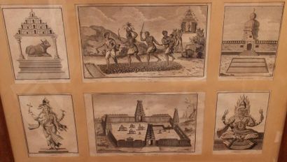 null SONNERAT : cadre de six eaux-fortes tirées de l’Atlas du Voyage, XVIIIème siècle....