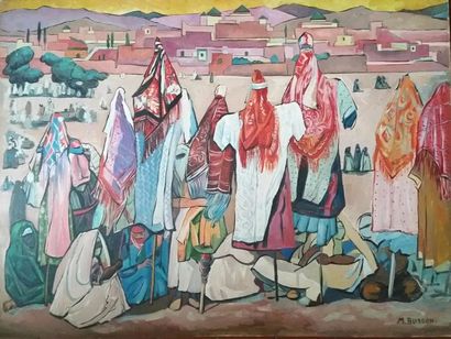 null BUSSON Marcel (1913-2015) : « Le séchage su linge ». Huile sur carton. 60 x...