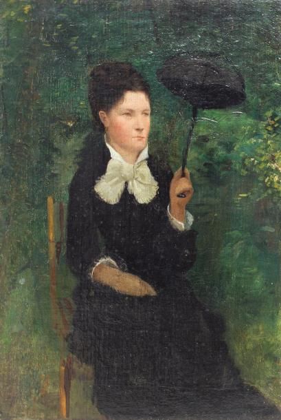 null Ecole française du milieu du XIX-ème Siècle : « Portait de femme assise à l’ombrelle »....