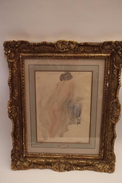 null Travail du XIX siècle : « Femme nue vue de dos ». Dessin et aquarelle 