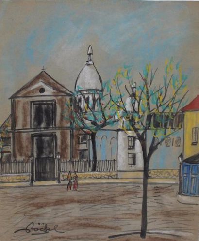 null Edgar STOEBEL (1902-2001) : « Vue de Montmartre ». Pastel et aquarelle. 38 x...