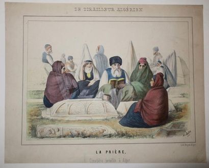 null "Le TIRAILLEUR ALGERIEN: La Prière. Cimetière Israélite à ALGER". c.1830. Lithographie,...