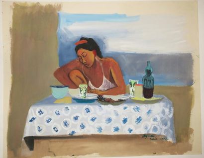 null TAHITI - [TAHITIENNE à table]. 1952. Belle AQUARELLE ORIGINALE, sur papier....