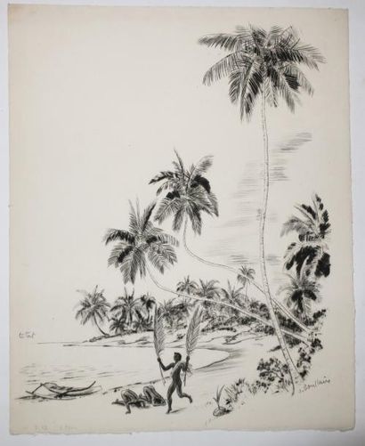 BOULLAIRE Jacques (Paris 1893 - Paris 1976) [Une plage à Tahiti]. Pointe sèche originale,...