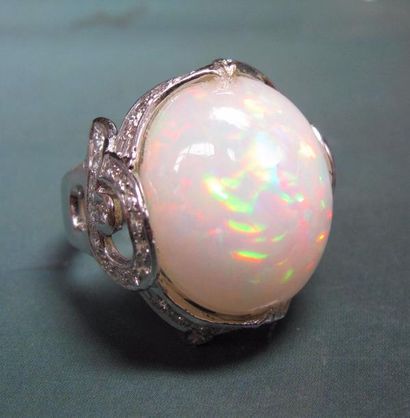 null Bague en or gris 750°/00 (hibou), sertie d'une importante opale ovale de 13...