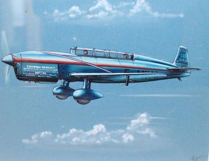 null CAUDRON C 430Gouache sur papier bleu présentant l’avion de record du monde de...
