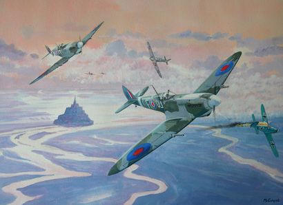 Michel GUYOT «  Combat aérien au-dessus du mont St Michel entre Spitfire et Me 109 »...